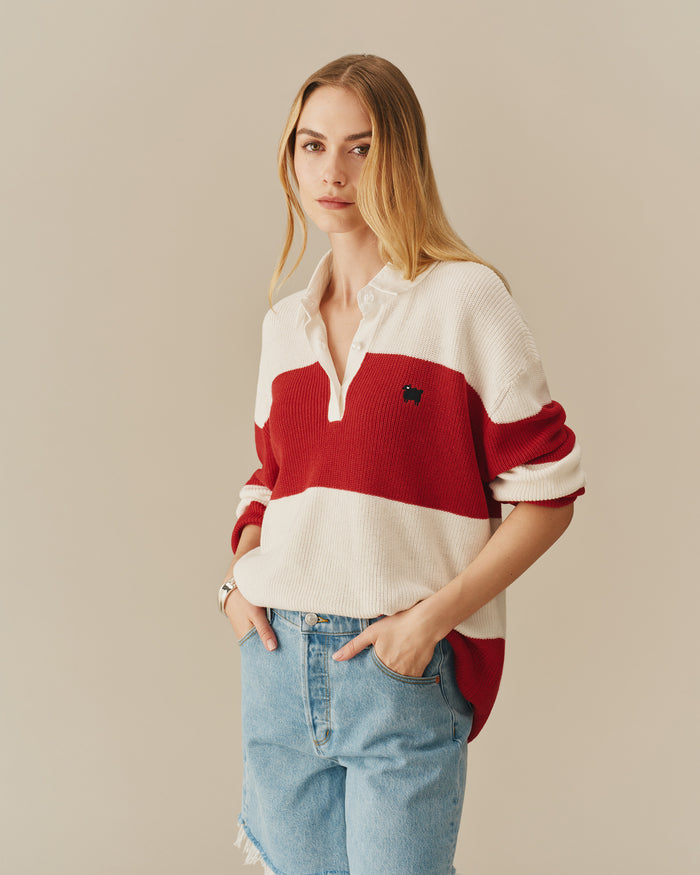 Warm & Wonderful Cotton Linen Sheep Rugby Sweater Red & Cream