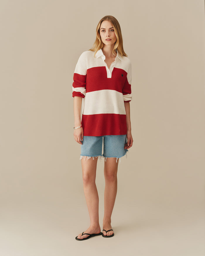 Warm & Wonderful Cotton Linen Sheep Rugby Sweater Red & Cream