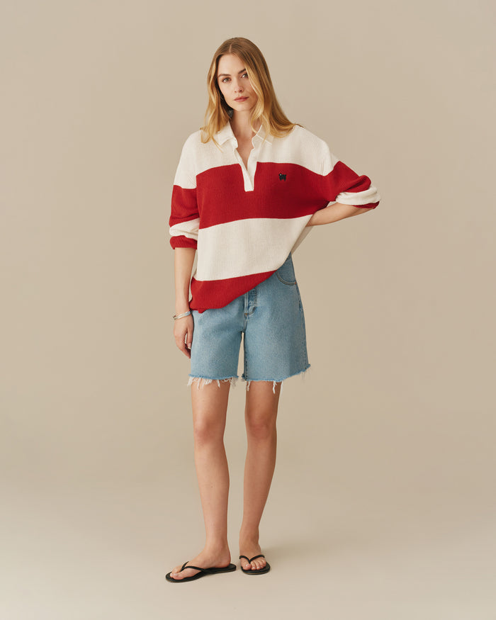 Warm & Wonderful Cotton Linen Sheep Rugby Sweater Red & Cream