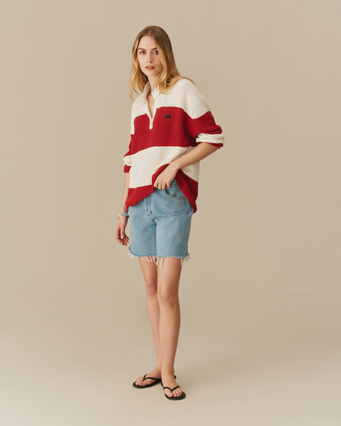 Warm & Wonderful Cotton Linen Sheep Rugby Sweater Red & Cream