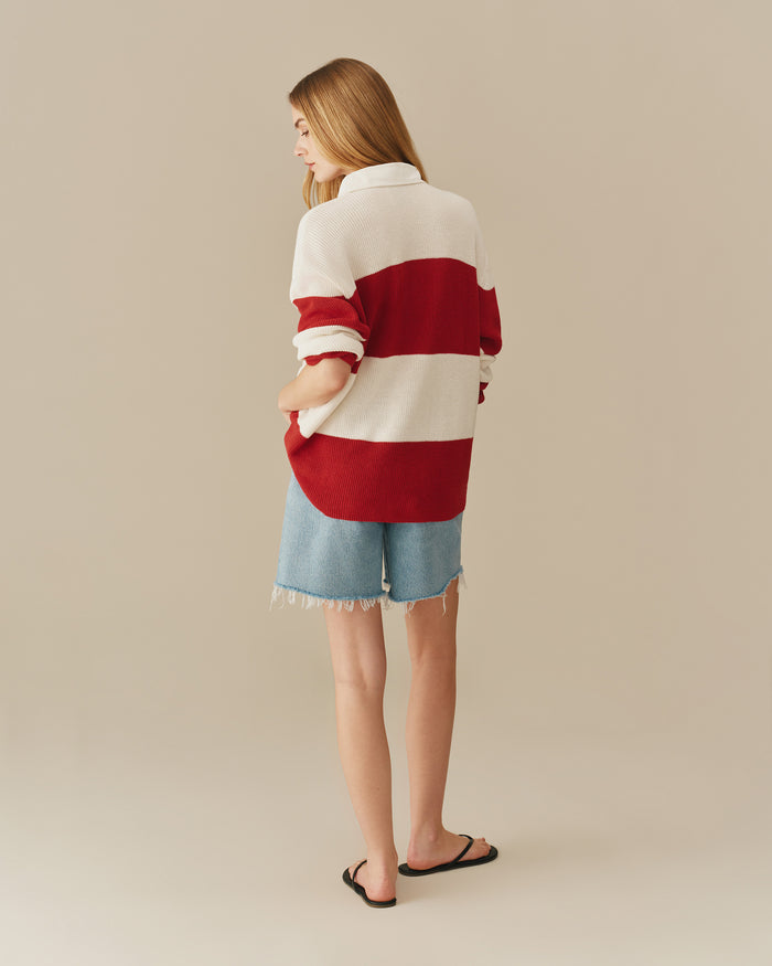 Warm & Wonderful Cotton Linen Sheep Rugby Sweater Red & Cream