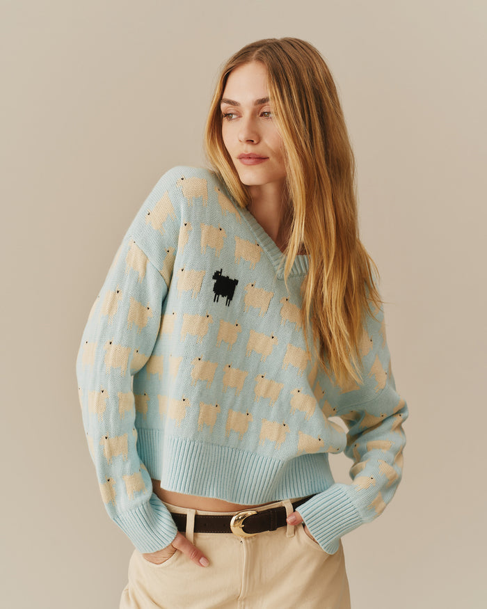 Warm & Wonderful Cotton Linen V-Neck Sheep Sweater Blue