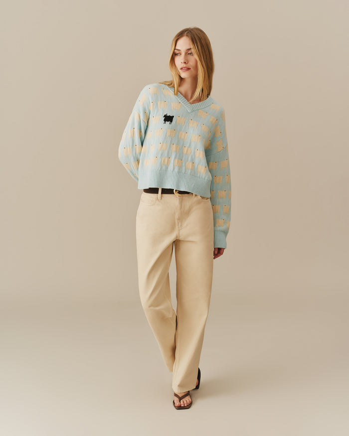 Warm & Wonderful Cotton Linen V-Neck Sheep Sweater Blue