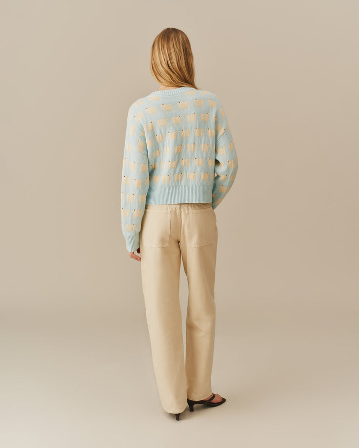 Warm & Wonderful Cotton Linen V-Neck Sheep Sweater Blue