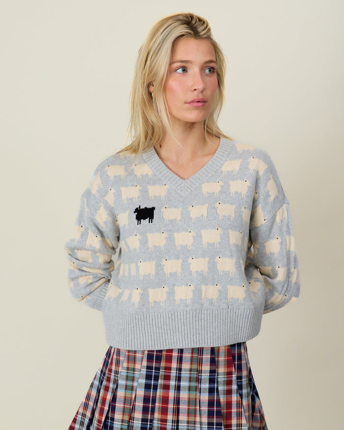 Warm & Wonderful Cotton Linen V-Neck Sheep Sweater Heather Gray