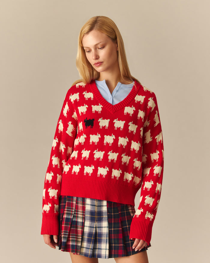Warm & Wonderful Diana Edition Cotton Linen V-Neck Sheep Sweater Red