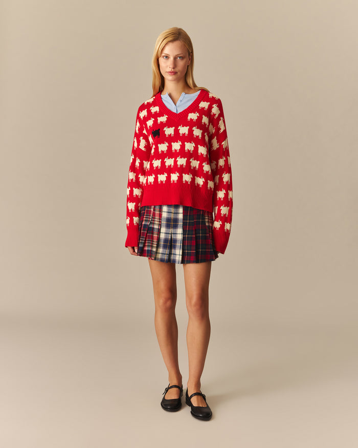 Warm & Wonderful Diana Edition Cotton Linen V-Neck Sheep Sweater Red