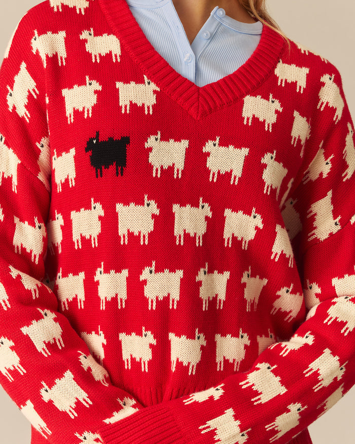 Warm & Wonderful Diana Edition Cotton Linen V-Neck Sheep Sweater Red