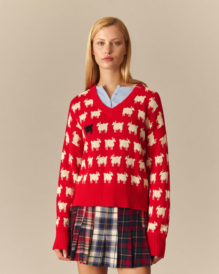 Warm & Wonderful Diana Edition Cotton Linen V-Neck Sheep Sweater Red