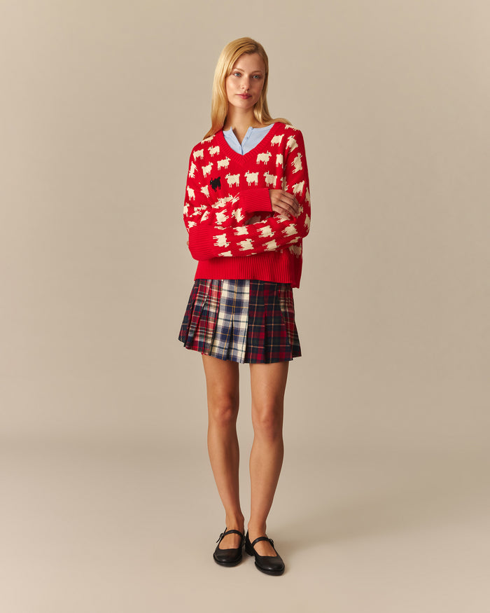 Warm & Wonderful Diana Edition Cotton Linen V-Neck Sheep Sweater Red