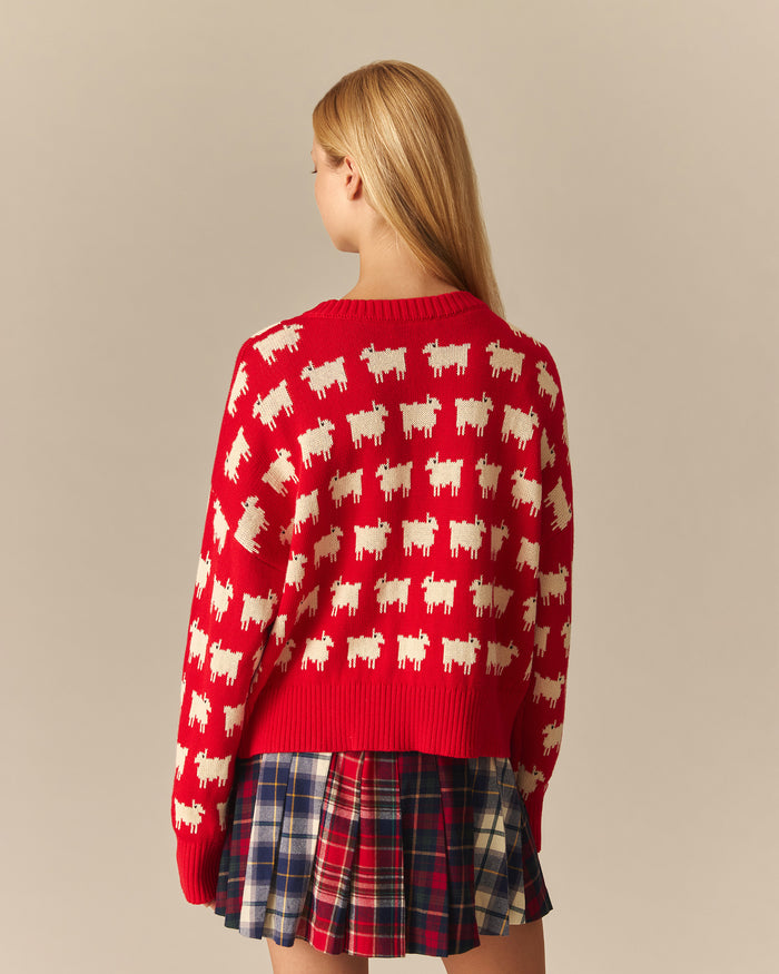 Warm & Wonderful Diana Edition Cotton Linen V-Neck Sheep Sweater Red