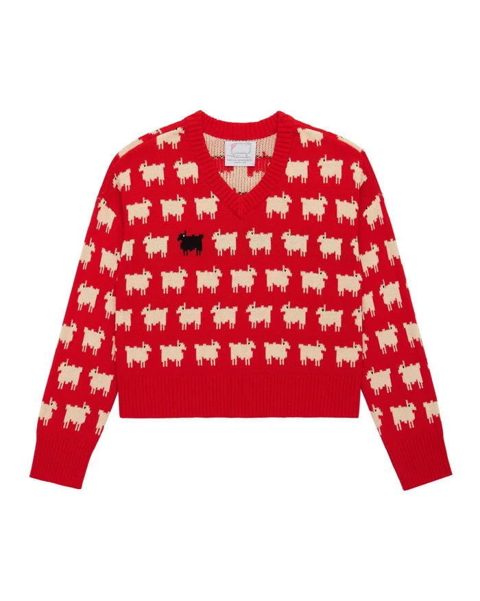 Warm & Wonderful Diana Edition Cotton Linen V-Neck Sheep Sweater Red