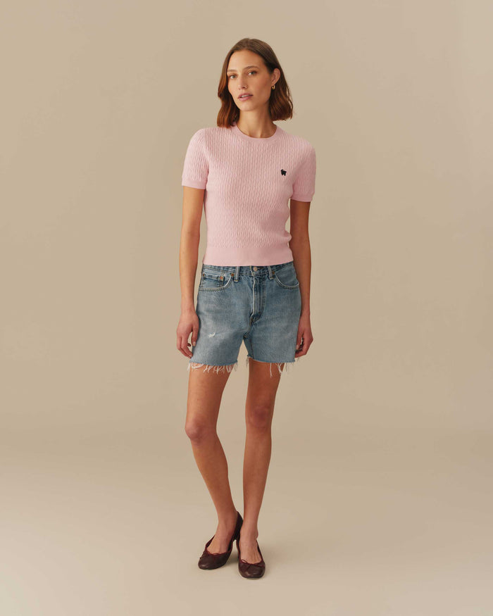 Warm & Wonderful Women's Sheep Cotton Cable Crewneck Sweater Pink