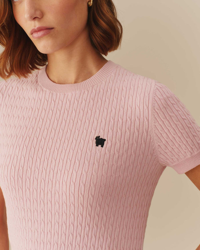 Warm & Wonderful Women's Sheep Cotton Cable Crewneck Sweater Pink