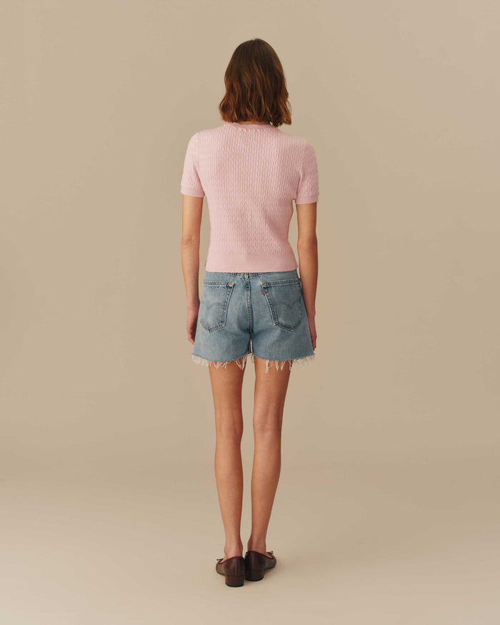 Warm & Wonderful Women's Sheep Cotton Cable Crewneck Sweater Pink