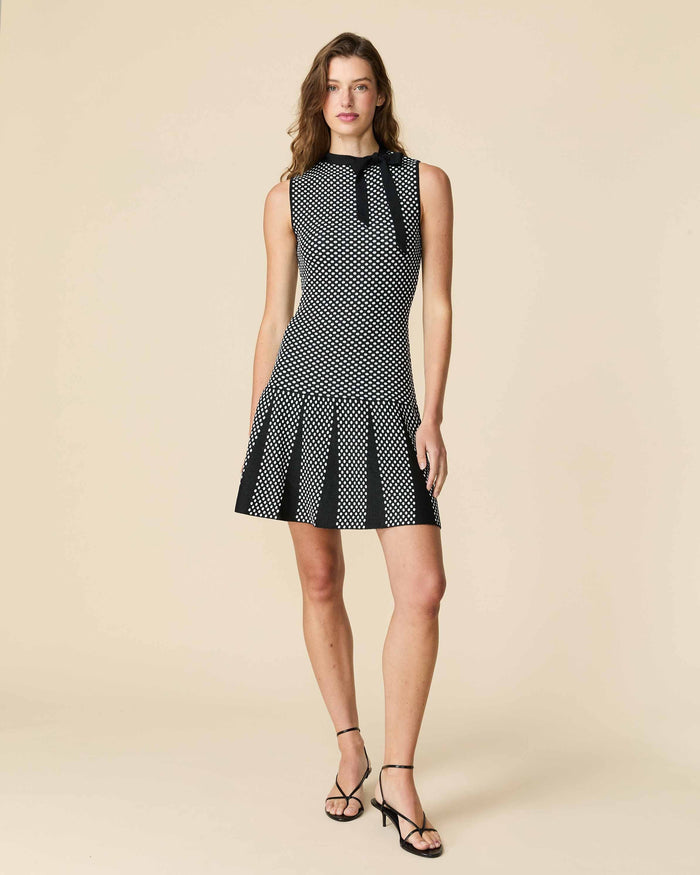 Women's Bow Neck Drop Waist Dress Black Polka Dot