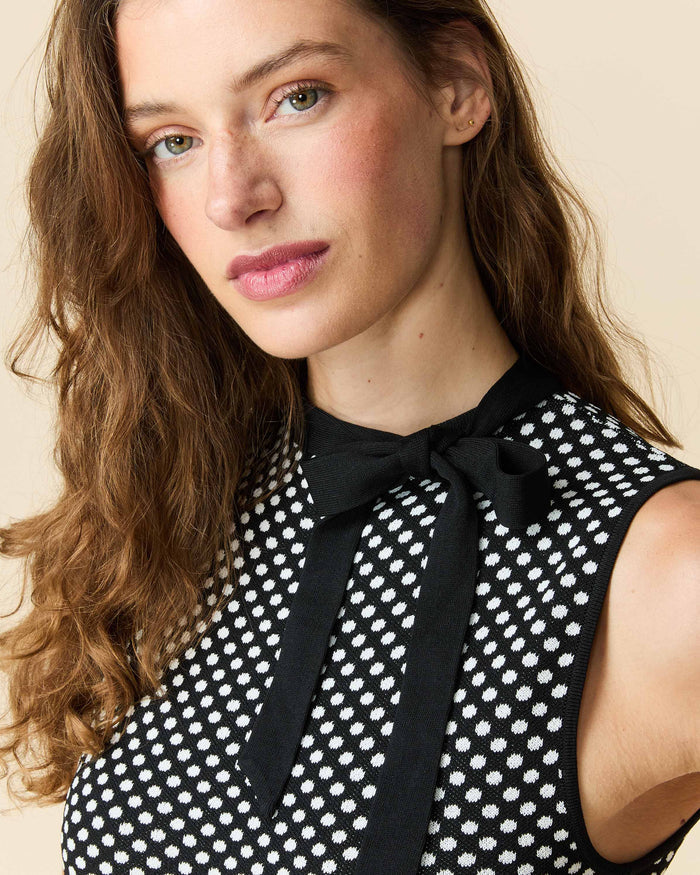 Women's Bow Neck Drop Waist Dress Black Polka Dot