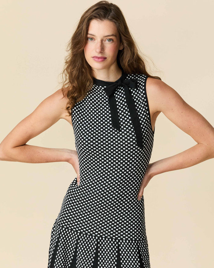 Women's Bow Neck Drop Waist Dress Black Polka Dot