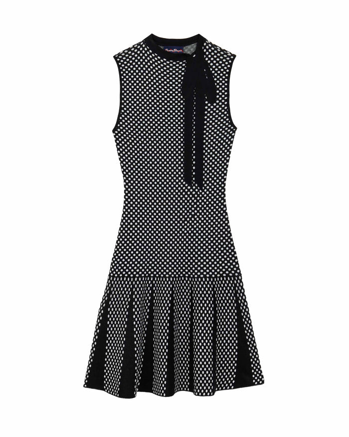 Women's Bow Neck Drop Waist Dress Black Polka Dot