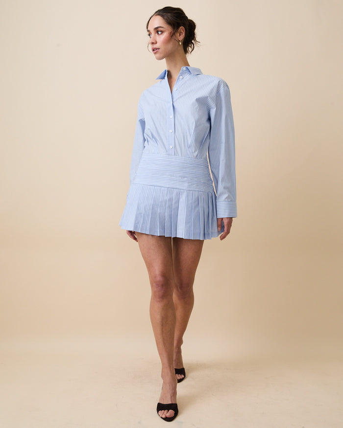 Women's Button Down Pleated Shirt Dress Blue