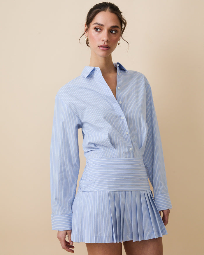 Women's Button Down Pleated Shirt Dress Blue