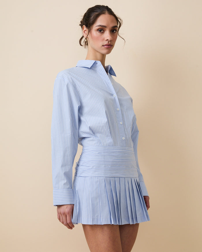 Women's Button Down Pleated Shirt Dress Blue