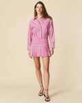 Women's Button Down Pleated Shirt Dress Euro Pink Stripe