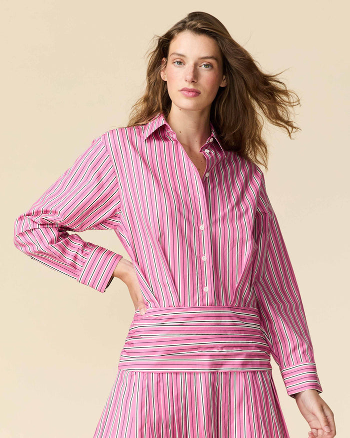 Women's Button Down Pleated Shirt Dress Euro Pink Stripe