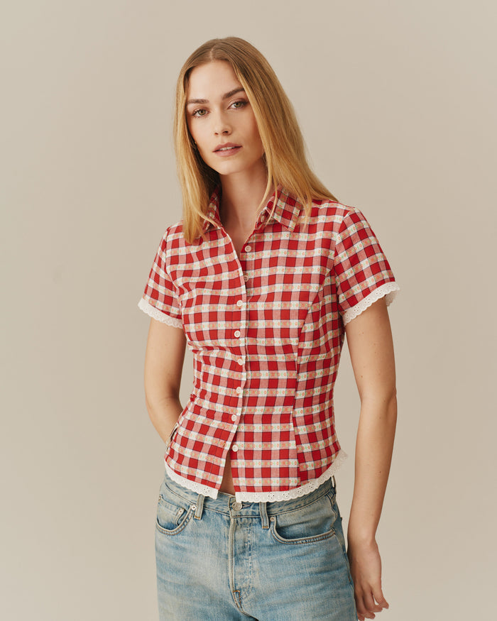 Women's Button Up Shirt Floral Gingham