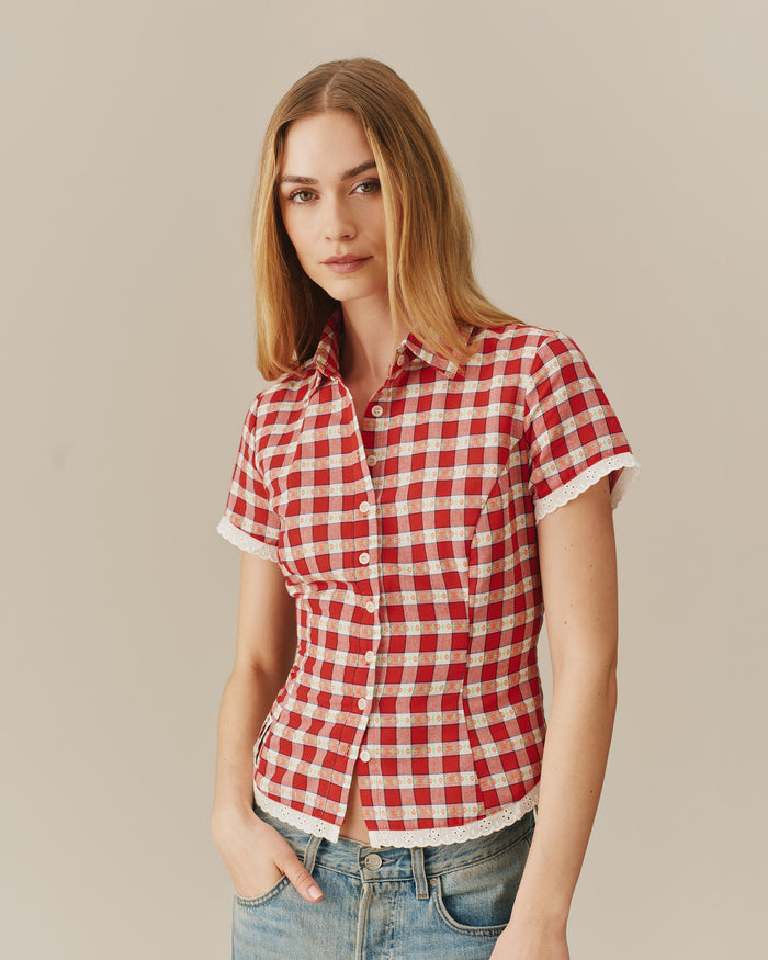 Women's Button Up Shirt Floral Gingham
