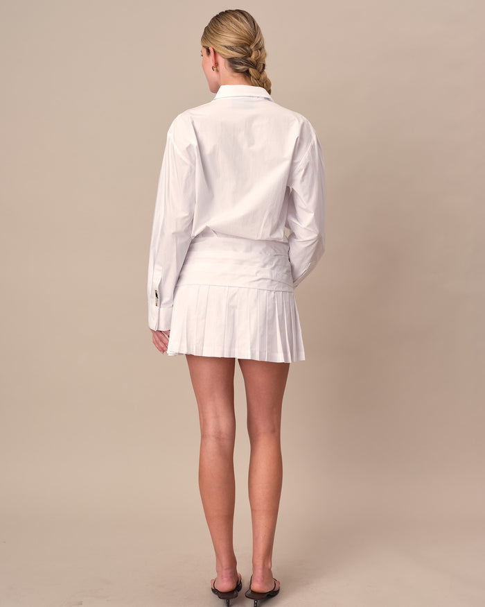 Women's Classic Button Down Pleated Shirt Dress White