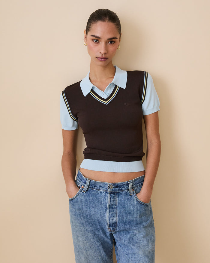 Women's Contrast Knit Layered Polo Brown