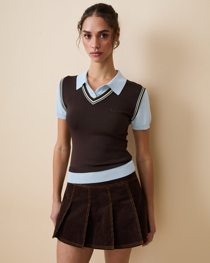 Women's Contrast Knit Layered Polo Brown