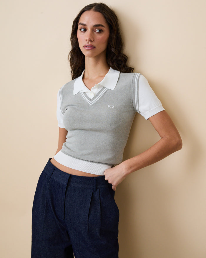 Women's Contrast Knit Layered Polo Heather Gray