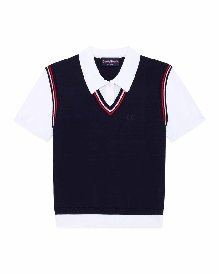 Women's Contrast Knit Layered Polo Navy