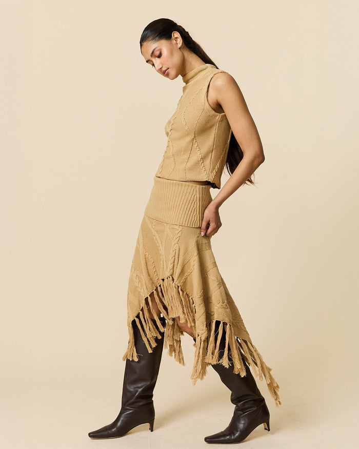 Women's Cotton Cable Fringe Skirt Camel