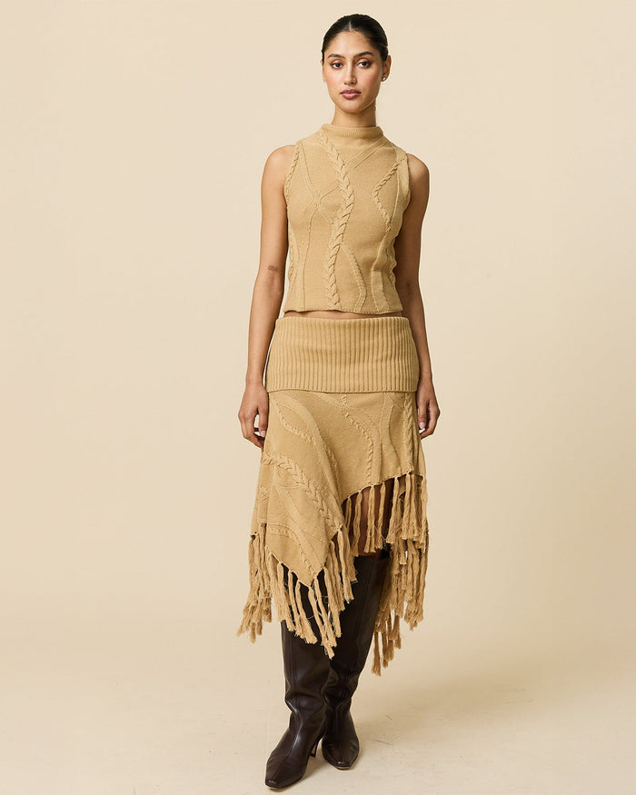 Women's Cotton Cable Fringe Skirt Camel