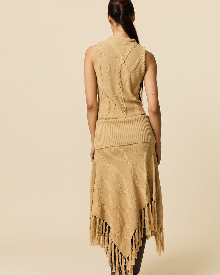 Women's Cotton Cable Fringe Skirt Camel