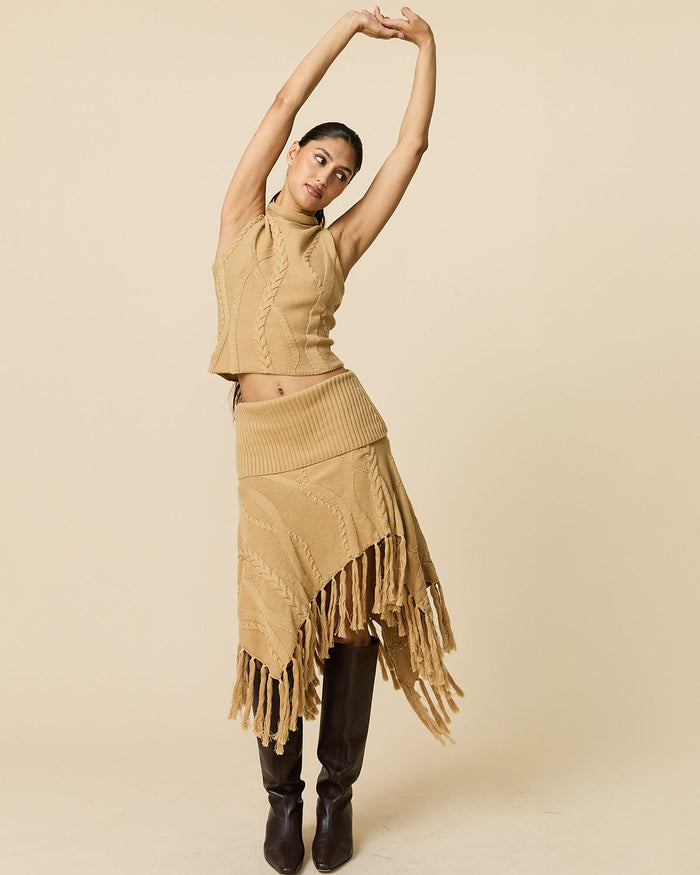 Women's Cotton Cable Fringe Skirt Camel