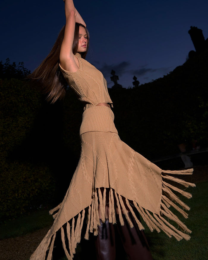 Women's Cotton Cable Fringe Skirt Camel