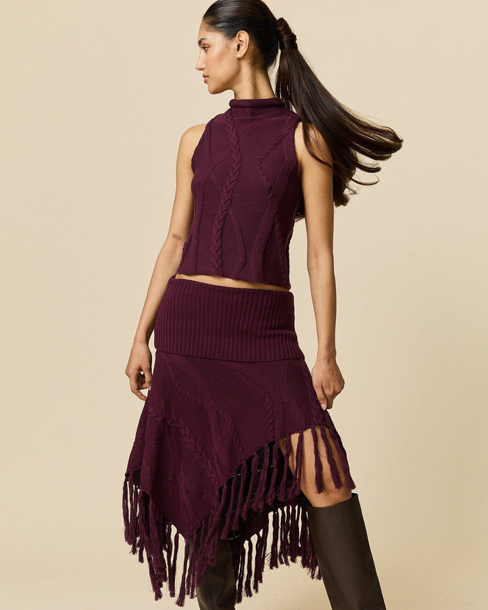 Women's Cotton Cable Fringe Skirt Wine