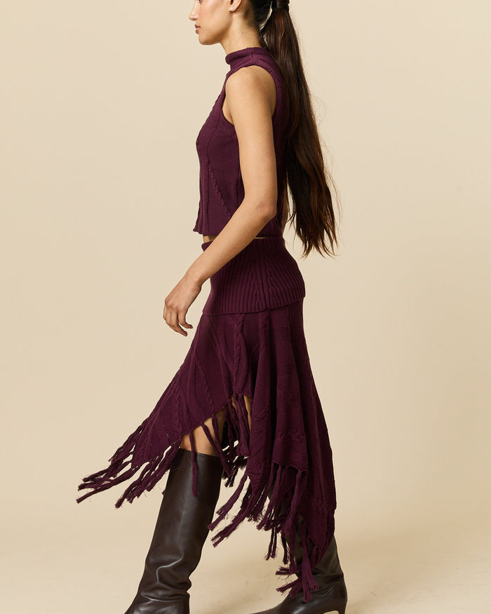 Women's Cotton Cable Fringe Skirt Wine
