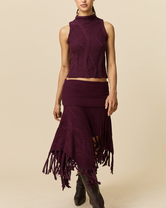 Women's Cotton Cable Fringe Skirt Wine
