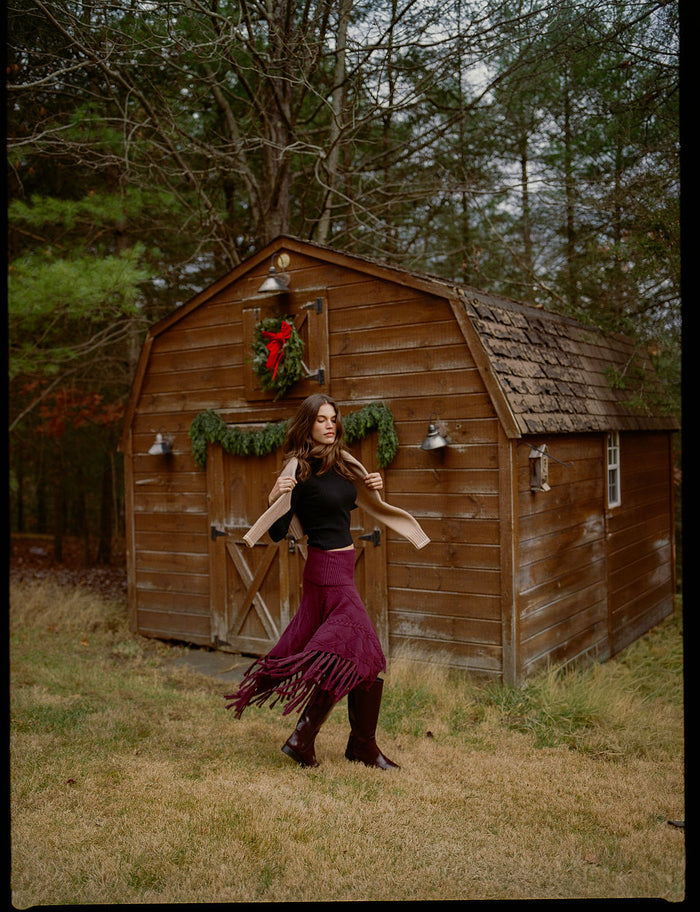Women's Cotton Cable Fringe Skirt Wine