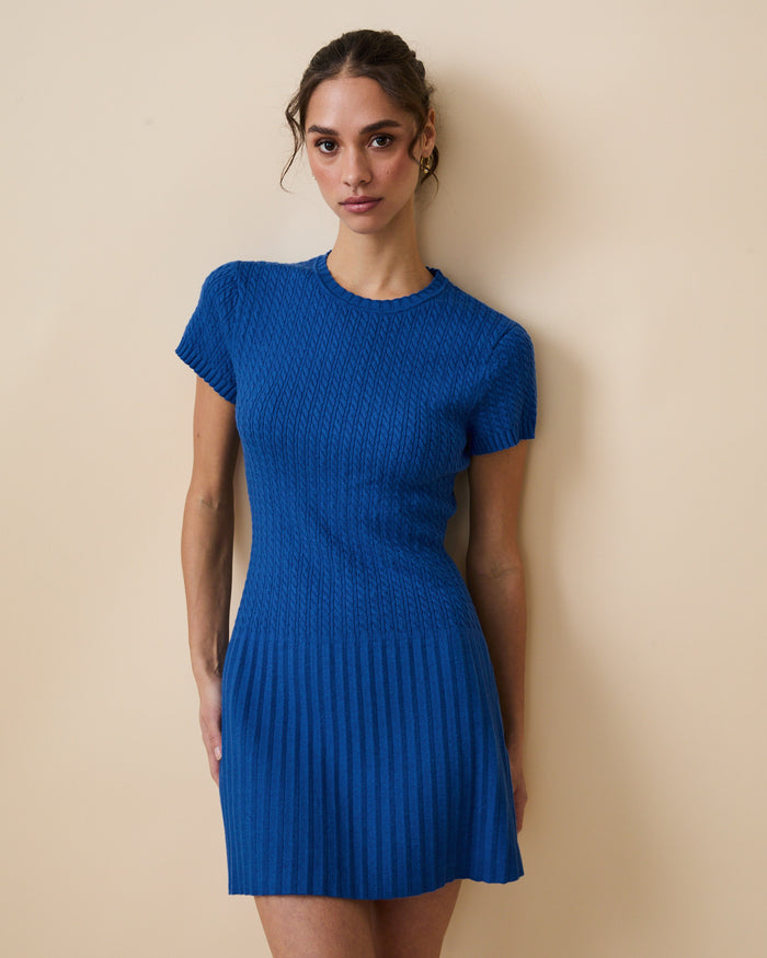 Women's Cotton Cable Knit Pleated Dress Blue