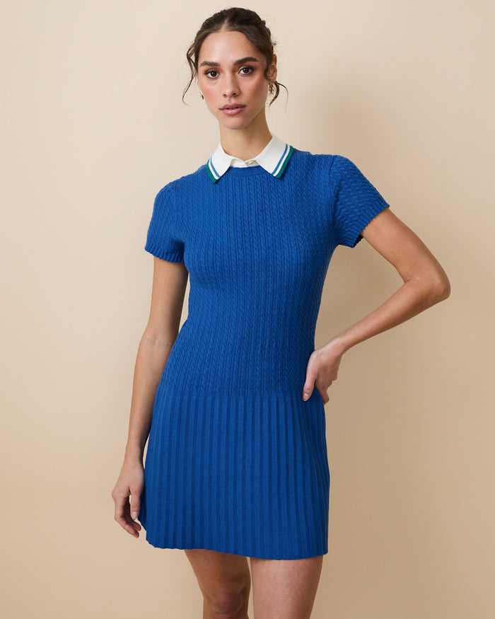 Women's Cotton Cable Knit Pleated Dress Blue