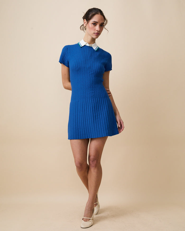 Women's Cotton Cable Knit Pleated Dress Blue
