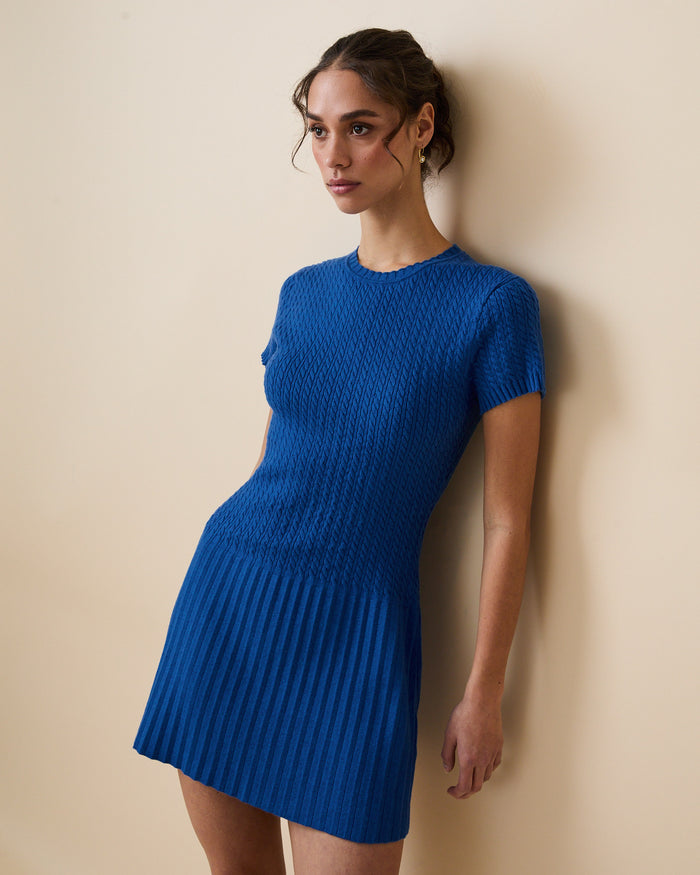 Women's Cotton Cable Knit Pleated Dress Blue