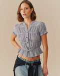 Women's Cotton Gingham Shirred Top Navy