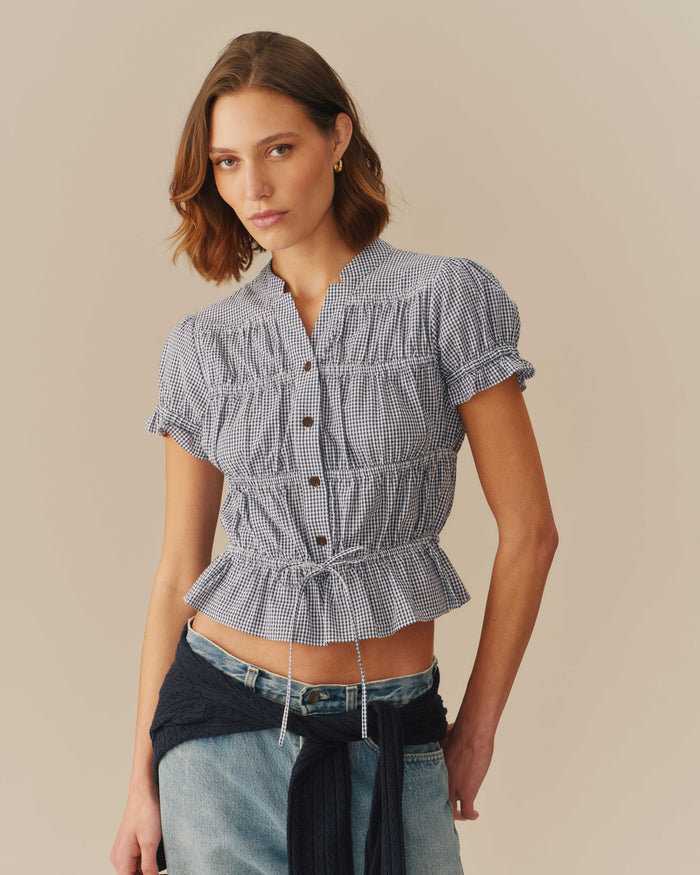 Women's Cotton Gingham Shirred Top Navy